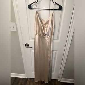 Lisa Long Shiny Satin Dress - Champagne